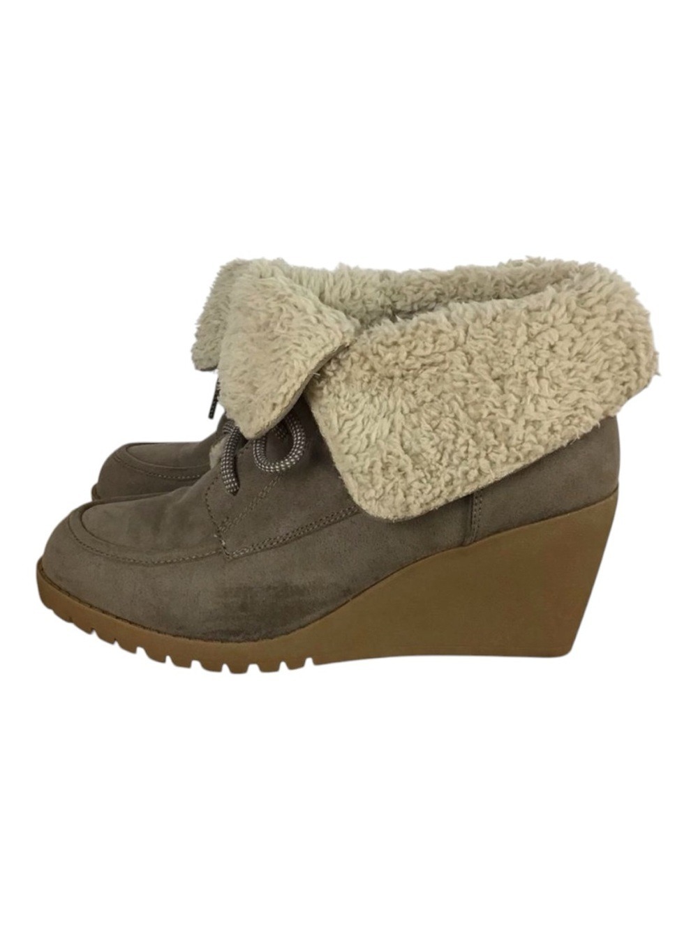 𝅺bke Sole ankle boots lace up wedge plateform faux fur tan size 10 fall booties